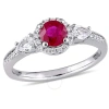 Amour Round Ruby And Pear Shape White Sapphire 3-stone Ring With 1/8 Ct Tw Diamond Halo And Accent I In Two Tone  / Gold / Gold Tone / Ruby / White