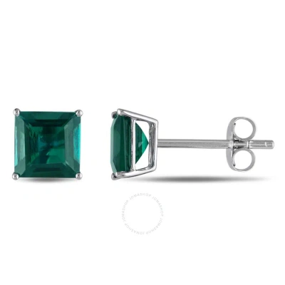 Amour Square Cut Created Emerald Stud Earrings In 10k White Gold In Emerald / Gold / Gold Tone / Green / White