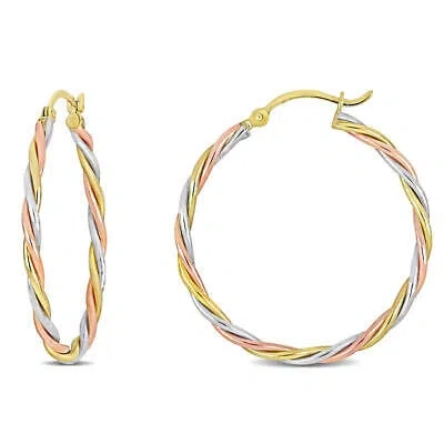 Pre-owned Amour Twisted Hoop Earrings In 3-tone 10k White Yellow And Rose Gold
