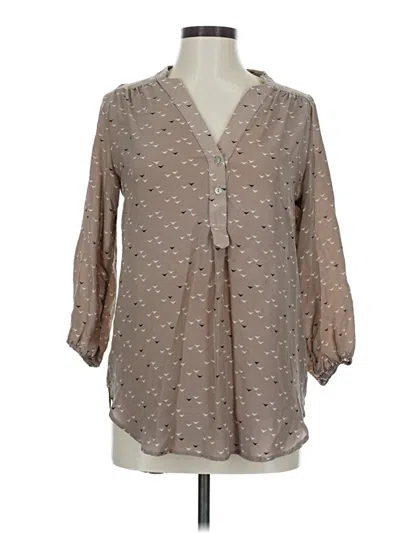 Pre-owned Amour Vert 3/4 Sleeve Silk Top Brown Keyhole Neckline Tops