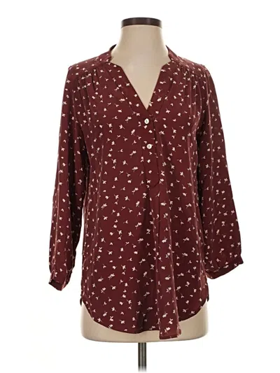 Pre-owned Amour Vert 3/4 Sleeve Silk Top Burgundy Polka Dots Pattern V-neck Tops