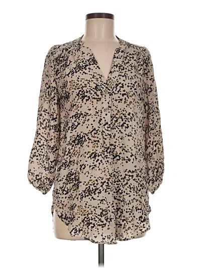 Pre-owned Amour Vert 3/4 Sleeve Silk Top Tan Animal Print Pattern Plunge Neckline Tops