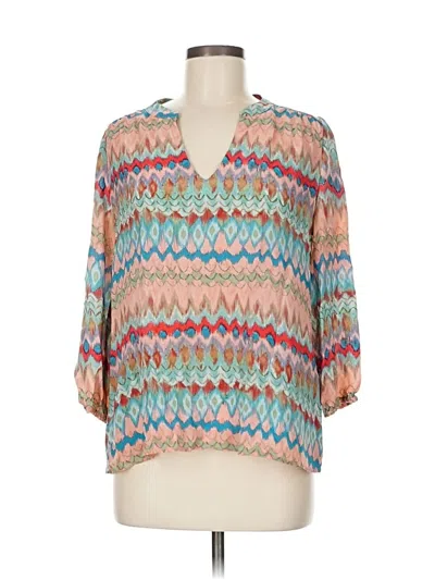 Pre-owned Amour Vert 3/4 Sleeve Silk Top Teal Chevron/herringbone Pattern V Neck Tops In Blue