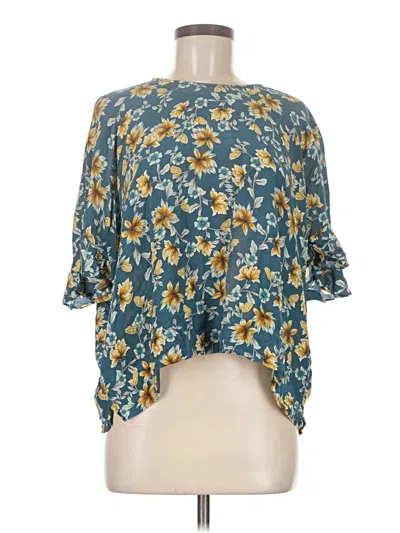 Pre-owned Amour Vert 3/4 Sleeve Silk Top Teal Cold Shoulder Neckline Tops In Blue