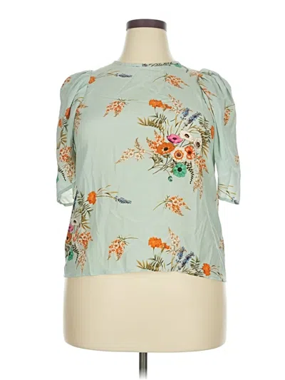 Pre-owned Amour Vert 3/4 Sleeve Silk Top Teal Mock Neckline Tops In Blue