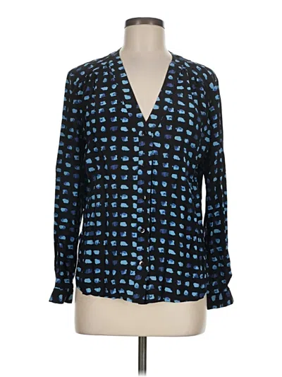 Pre-owned Amour Vert Long Sleeve Silk Top Blue Plunge Neckline Tops