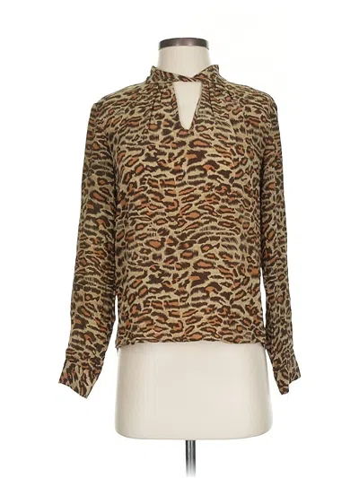 Pre-owned Amour Vert Long Sleeve Silk Top Brown Animal Print Pattern Cowl Neck Tops