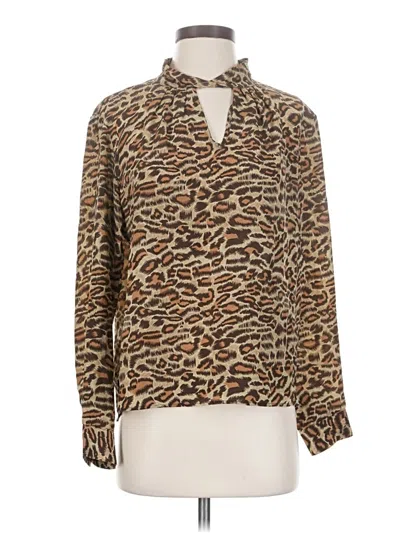 Pre-owned Amour Vert Long Sleeve Silk Top Brown Animal Print Pattern Cowl Neck Tops
