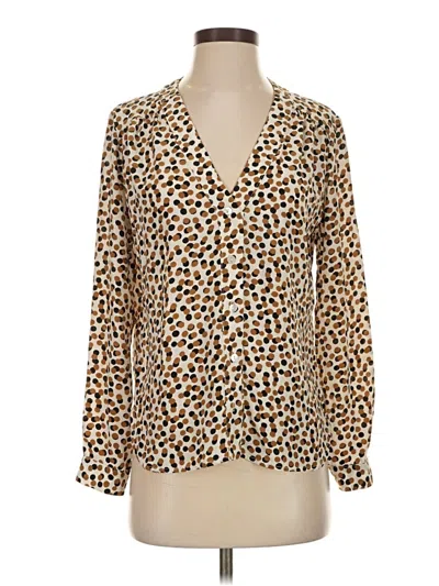 Pre-owned Amour Vert Long Sleeve Silk Top Brown Animal Print Pattern Plunge Neckline Tops