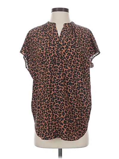 Pre-owned Amour Vert Short Sleeve Silk Top Brown Collared Neckline Tops