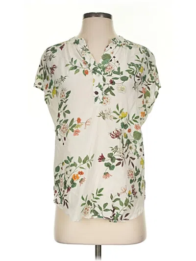 Pre-owned Amour Vert Short Sleeve Silk Top Ivory Floral Pattern V-neck Tops