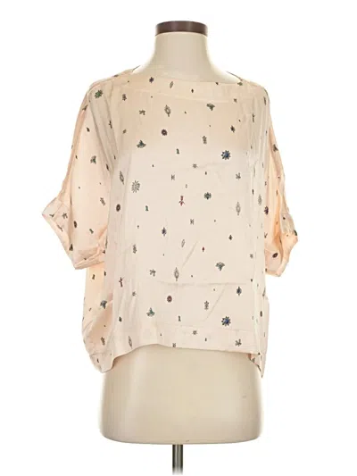 Pre-owned Amour Vert Short Sleeve Silk Top Tan Cold Shoulder Neckline Tops In Brown