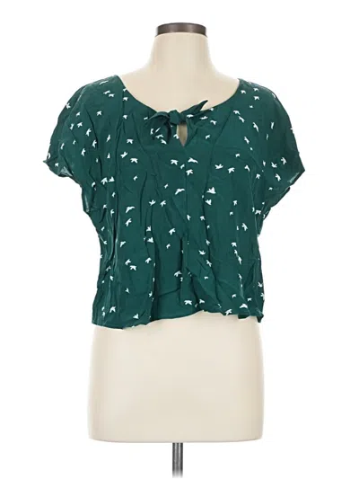 Pre-owned Amour Vert Short Sleeve Silk Top Teal Keyhole Neckline Tops