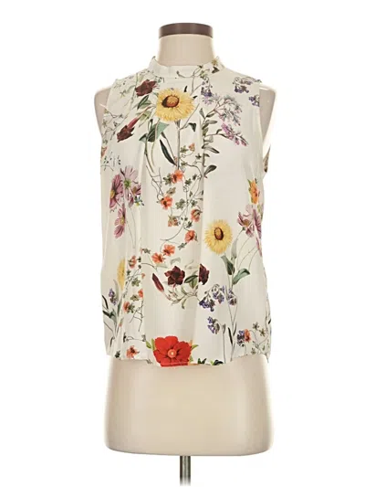 Pre-owned Amour Vert Sleeveless Silk Top Ivory Floral Pattern Halter Neckline Tops In White