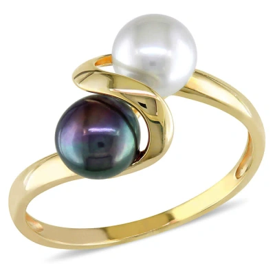 Amour White And Black Cultured Freshwater Pearl Ring In 10k Yellow Gold In Multi