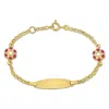 Amour White And Pink Enamel Flower Charm Link Chain Bracelet In 14k Yellow Gold - 5+0.5 In. In Yellow