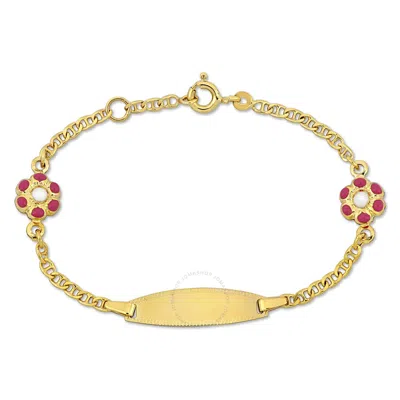 Amour White And Pink Enamel Flower Charm Link Chain Bracelet In 14k Yellow Gold - 5+0.5 In.