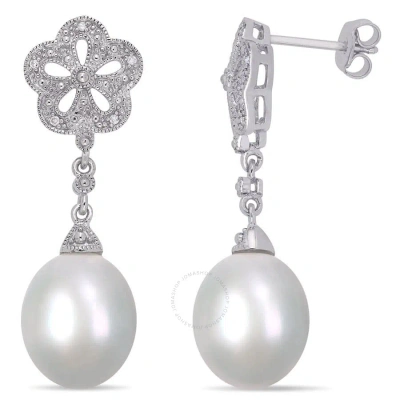 Amour White Cultured Freshwater Pearl And Diamond Vintage Drop Earrings In Sterling Silver
