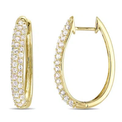 Pre-owned Amour White Sapphire Hoop Earrings In 10k Yellow Gold