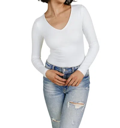 Ampersand Ave Bodysuit Long Sleeve V-neck Top In White