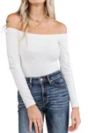 Ampersand Ave Bodysuit Off The Shoulder Long Sleeve Crew Top In White In White