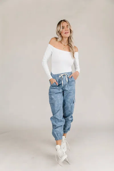 Ampersand Ave Floral Denim Jogger Cargo Pants In Blue