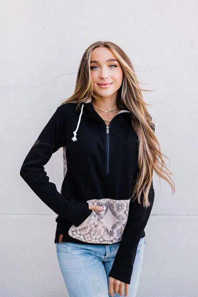 Ampersand Ave Laced Up Halfzip Hoodie In Black And Dusty Pink
