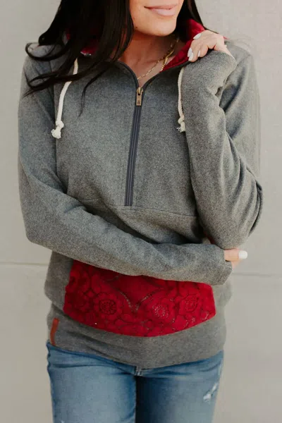 Ampersand Ave Laced Up Halfzip Hoodie In Heather Grey And Burgundy In Transparent