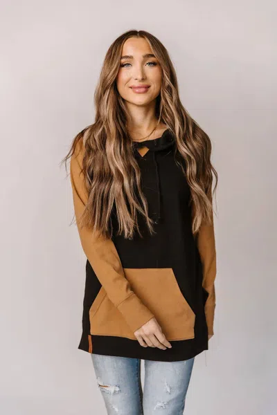 Ampersand Ave Side Slit Hoodie In Coffee And Confidence In Black