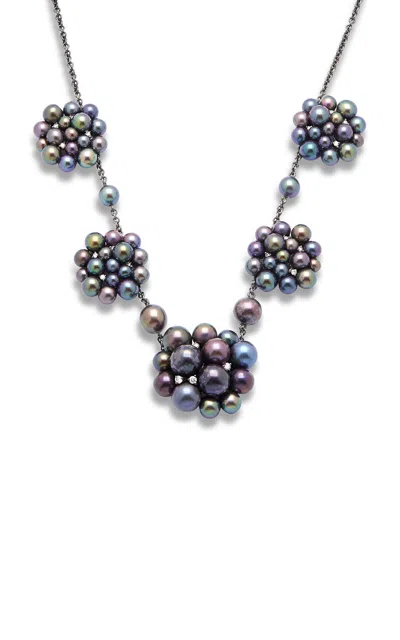 Amrapali 18k White Gold With Black Rhodium Midnight Lily Big Necklace With Pearls And Diamonds In Multi