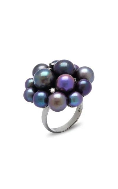 Amrapali 18k White Gold With Black Rhodium Midnight Lily Ring With Pearls And Diamonds In Black