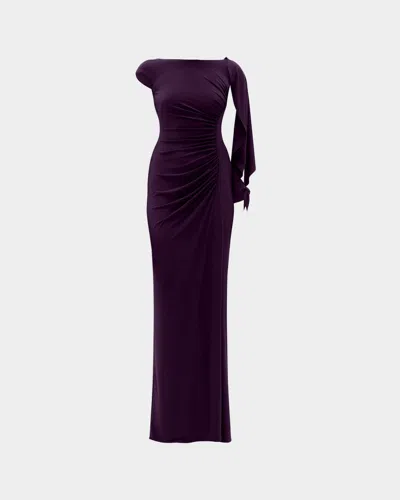 Amsale Asymmetric Cap-sleeve Ruched Long Gown In Blue