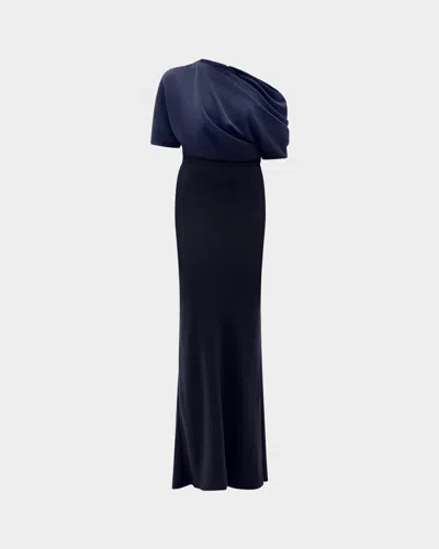 Amsale Asymmetric Draped Bodice Long Gown In Blue