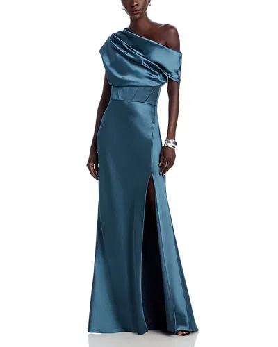 Amsale Asymmetric Draped Gown In Petrol