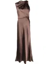 Amsale Asymmetric Draped Satin Gown In Brown