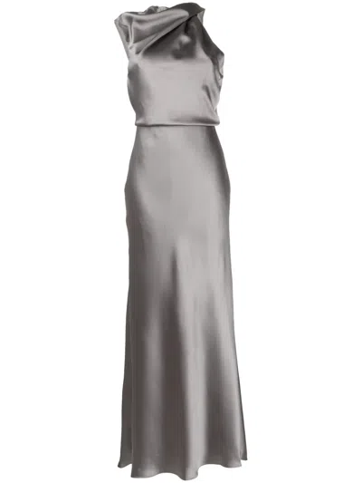 Amsale Asymmetric Draped Satin Gown In Grey