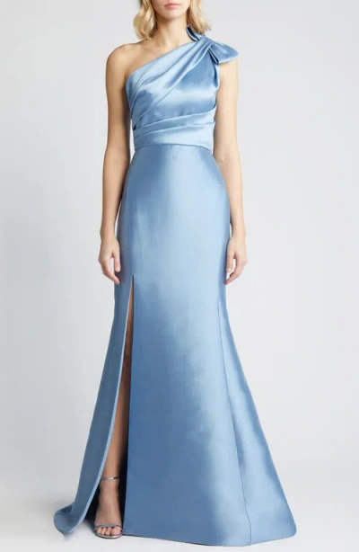 Amsale Bow Detail One-shoulder Mikado Mermaid Gown In Blue