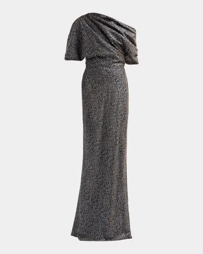 Amsale Brocade Draped One-shoulder Gown In Black