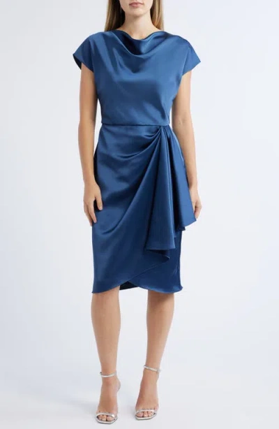 Amsale Cowl Neck Satin Sheath Dress In French Blue