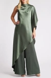 AMSALE AMSALE DRAPE WIDE LEG SATIN JUMPSUIT