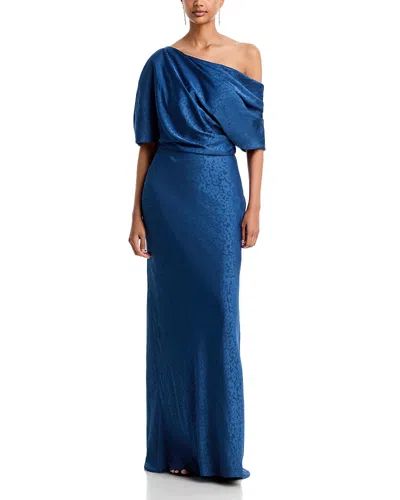 Amsale Draped Asymmetric Neck Gown In Blue