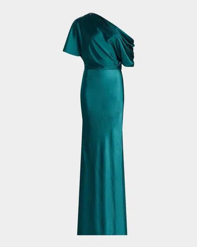 Amsale Draped Metallic Satin Faille One-shoulder Gown In Blue