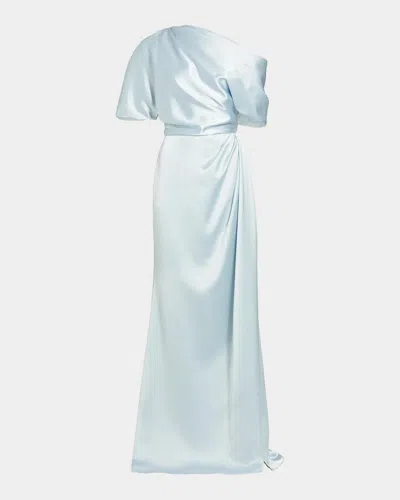 Amsale Draped Satin Off-the-shoulder Gown In Blue