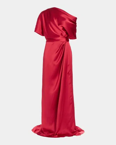 Amsale Draped Satin Off-the-shoulder Gown In Red