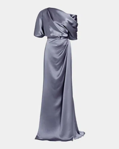 Amsale Draped Satin Off-the-shoulder Gown In Blue
