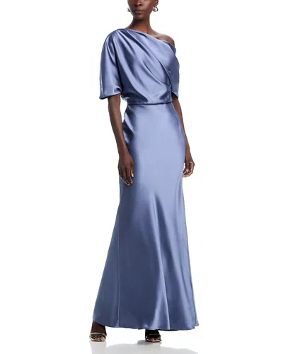 Amsale Draped Satin One Shoulder Dress In Blue