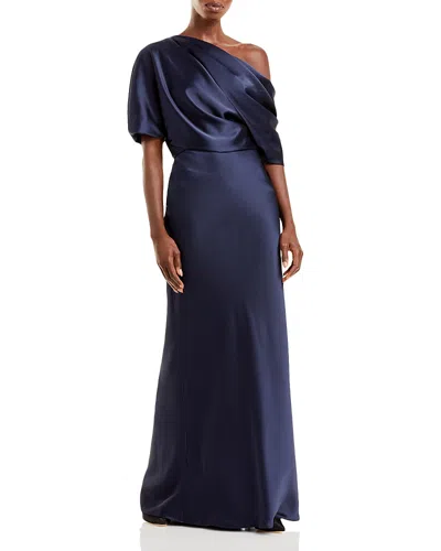 Amsale Draped Satin One Shoulder Dress In Blue