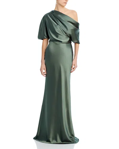 Amsale Draped Satin One Shoulder Dress In Green