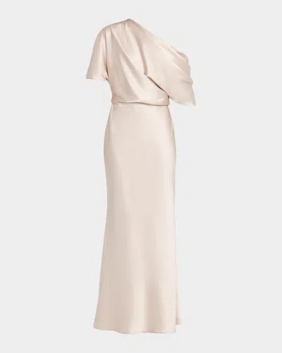 Amsale Draped Satin One-shoulder Gown In Neutral