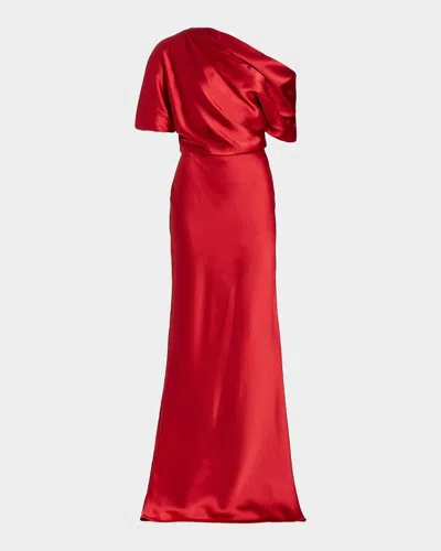 Amsale Draped Satin One-shoulder Gown In Red